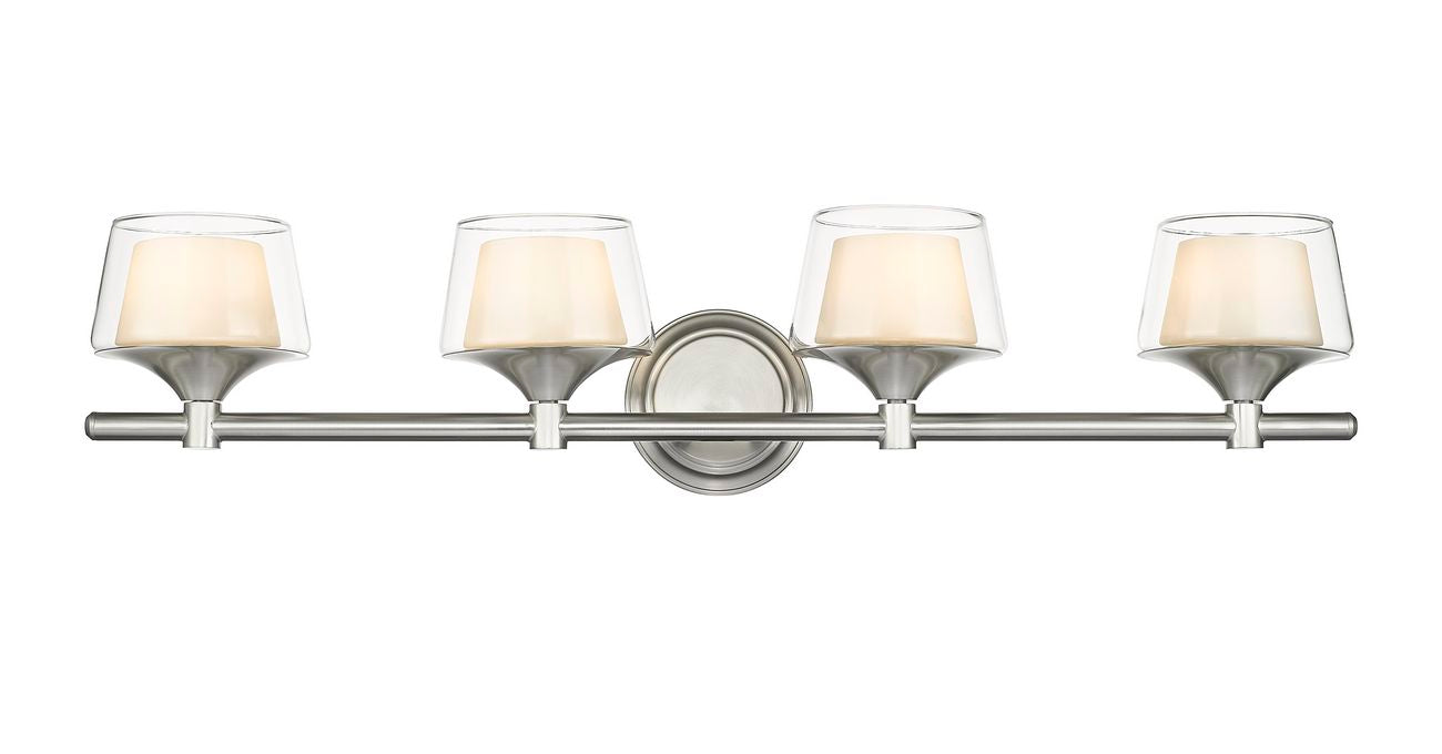 311-4W-SN-CLW 4-Light 33" Satin Nickel Bath Vanity Light - White Inner & Clear Outer Laguna Glass Glass - LED Bulb - Dimmensions: 33 x 7.5 x 7.25 - Glass Up or Down: Yes