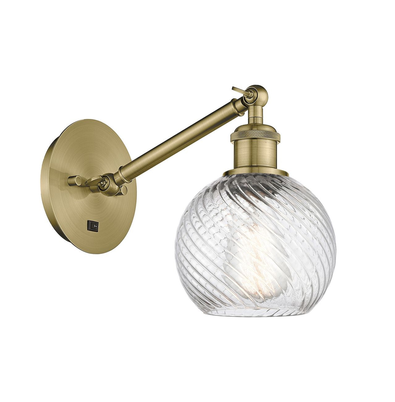 317-1W-AB-G1214-6 1-Light 6" Antique Brass Sconce - Clear Athens Twisted Swirl 6" Glass - LED Bulb - Dimmensions: 6 x 13 x 11.75 - Glass Up or Down: Yes