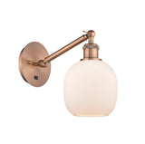 317-1W-AC-G101 1-Light 6" Antique Copper Sconce - Matte White Belfast Glass - LED Bulb - Dimmensions: 6 x 13 x 12.75 - Glass Up or Down: Yes