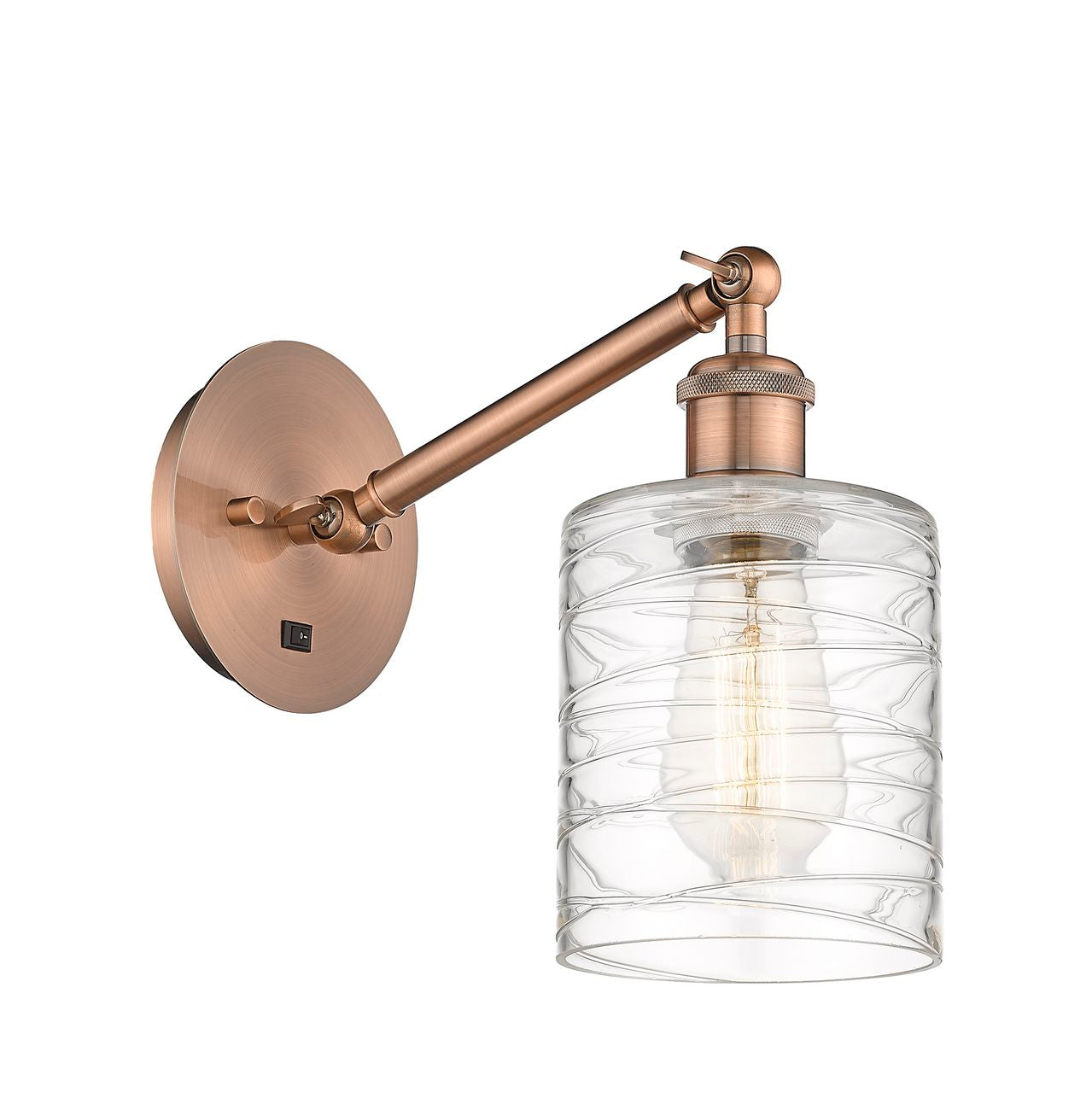 317-1W-AC-G1113 1-Light 5.3" Antique Copper Sconce - Deco Swirl Cobbleskill Glass - LED Bulb - Dimmensions: 5.3 x 12.5 x 12.75 - Glass Up or Down: Yes
