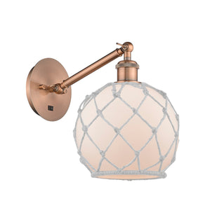 1-Light 8" Farmhouse Rope Sconce - Globe-Orb White Glass with White Rope Glass - Choice of Finish And Incandesent Or LED Bulbs
