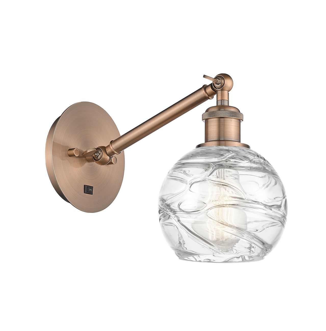 317-1W-AC-G1213-6 1-Light 6" Antique Copper Sconce - Clear Athens Deco Swirl 8" Glass - LED Bulb - Dimmensions: 6 x 13 x 11.75 - Glass Up or Down: Yes