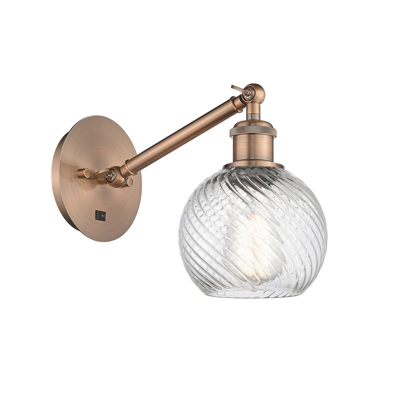 317-1W-AC-G1214-6 1-Light 6" Antique Copper Sconce - Clear Athens Twisted Swirl 6" Glass - LED Bulb - Dimmensions: 6 x 13 x 11.75 - Glass Up or Down: Yes