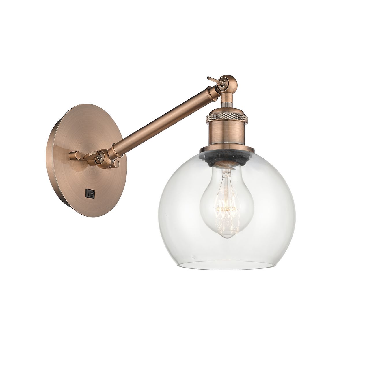 317-1W-AC-G122-6 1-Light 6" Antique Copper Sconce - Clear Athens Glass - LED Bulb - Dimmensions: 6 x 13 x 11.875 - Glass Up or Down: Yes