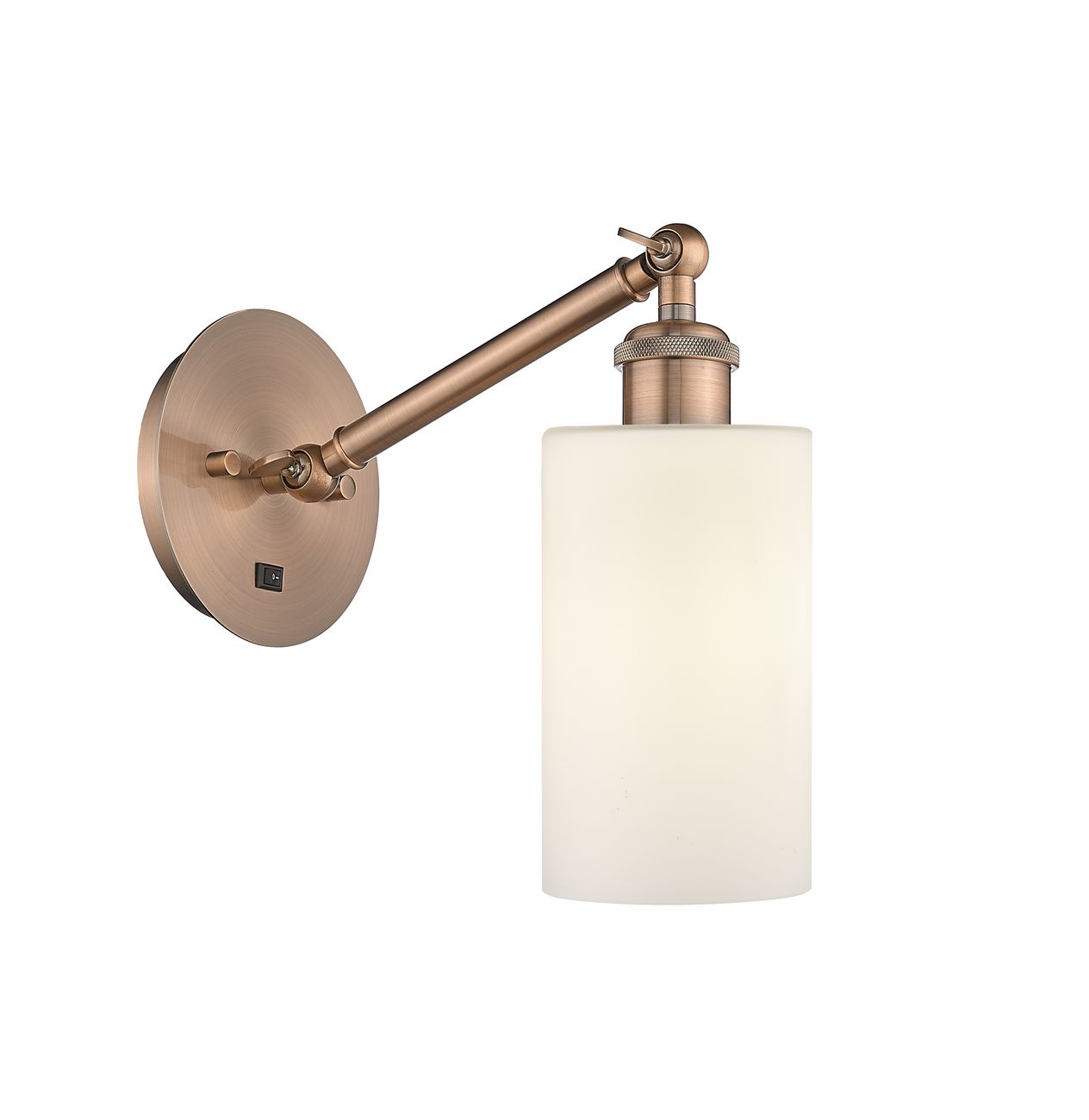 317-1W-AC-G801 1-Light 5.3" Antique Copper Sconce - Matte White Clymer Glass - LED Bulb - Dimmensions: 5.3 x 11.9375 x 12.625 - Glass Up or Down: Yes