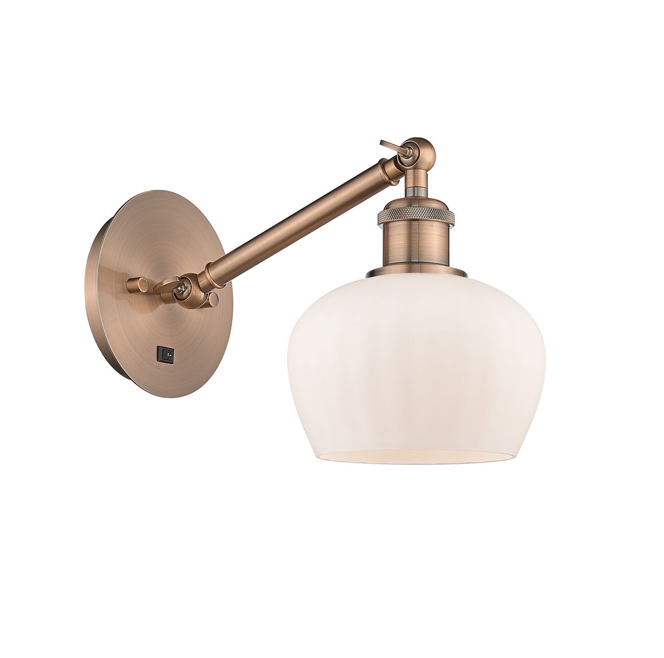 317-1W-AC-G91 1-Light 6.5" Antique Copper Sconce - Matte White Fenton Glass - LED Bulb - Dimmensions: 6.5 x 13.25 x 11.25 - Glass Up or Down: Yes