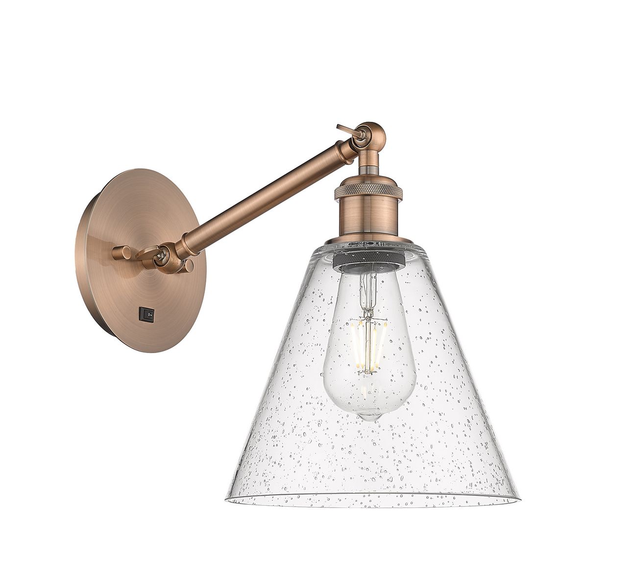 317-1W-AC-GBC-84 1-Light 8" Antique Copper Sconce - Seedy Ballston Cone Glass - LED Bulb - Dimmensions: 8 x 14 x 13.75 - Glass Up or Down: Yes
