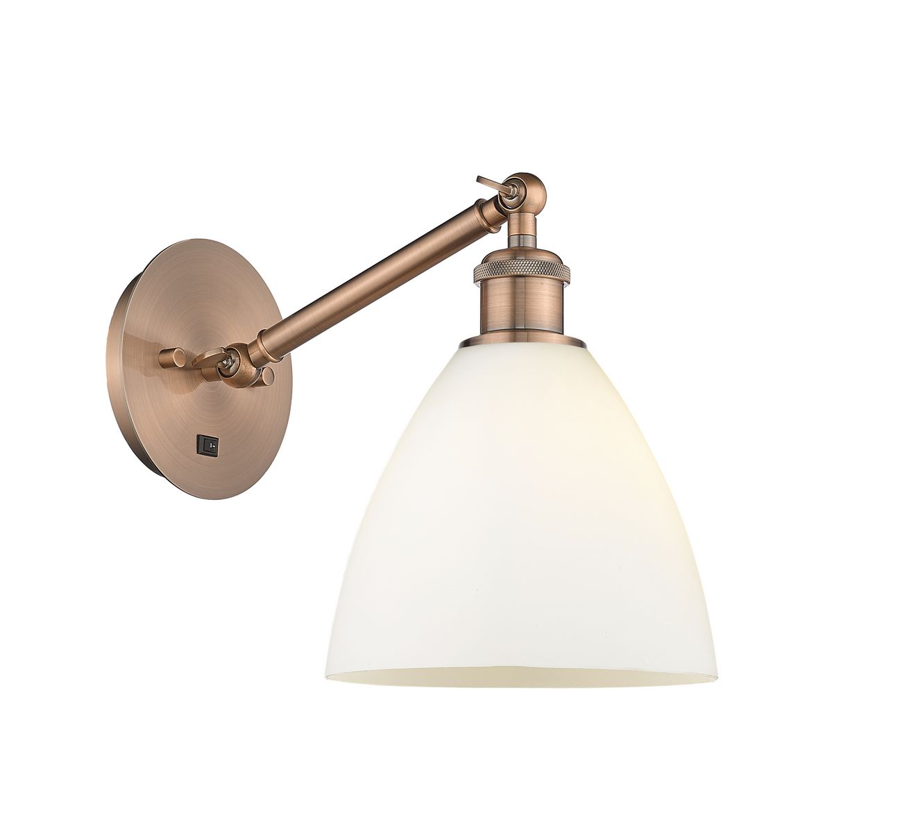 317-1W-AC-GBD-751 1-Light 8" Antique Copper Sconce - Matte White Ballston Dome Glass - LED Bulb - Dimmensions: 8 x 13.75 x 13.25 - Glass Up or Down: Yes