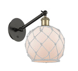 317-1W-BAB-G121-8RW 1-Light 8" Black Antique Brass Sconce - White Farmhouse Glass with White Rope Glass - LED Bulb - Dimmensions: 8 x 14 x 13.75 - Glass Up or Down: Yes
