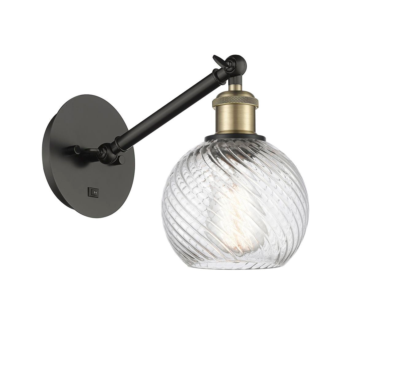 317-1W-BAB-G1214-6 1-Light 6" Black Antique Brass Sconce - Clear Athens Twisted Swirl 6" Glass - LED Bulb - Dimmensions: 6 x 13 x 11.75 - Glass Up or Down: Yes