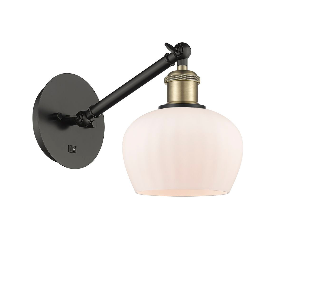 317-1W-BAB-G91 1-Light 6.5" Black Antique Brass Sconce - Matte White Fenton Glass - LED Bulb - Dimmensions: 6.5 x 13.25 x 11.25 - Glass Up or Down: Yes