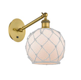 317-1W-BB-G121-8RW 1-Light 8" Brushed Brass Sconce - White Farmhouse Glass with White Rope Glass - LED Bulb - Dimmensions: 8 x 14 x 13.75 - Glass Up or Down: Yes
