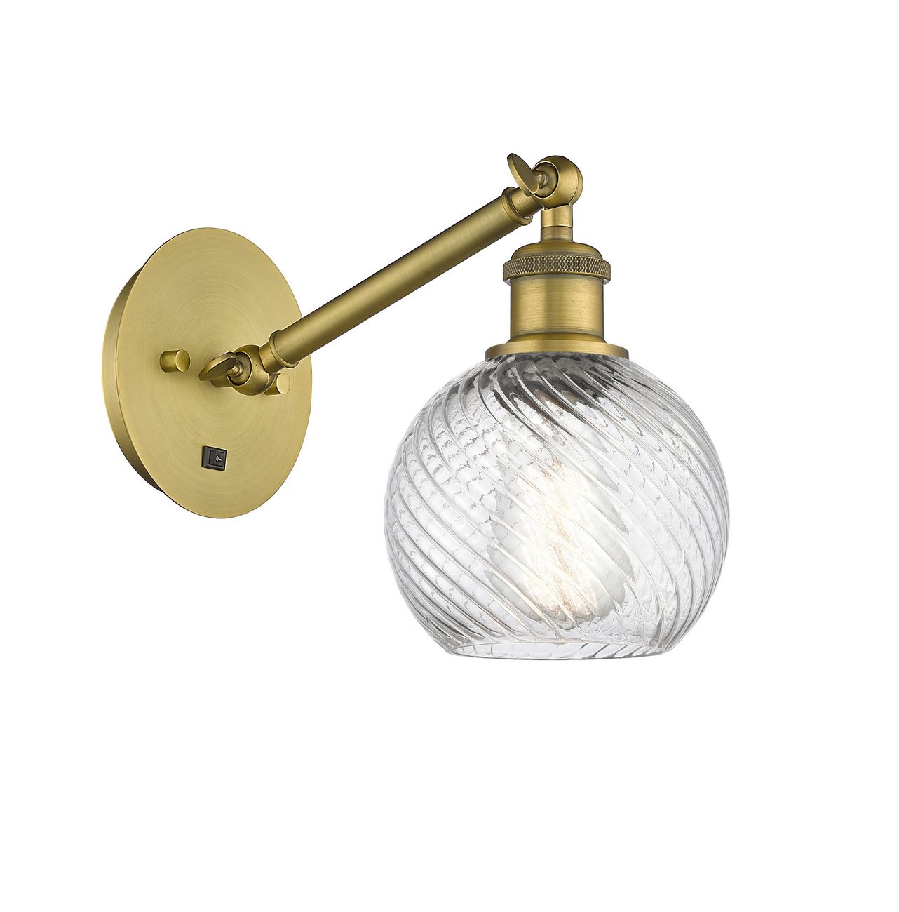 317-1W-BB-G1214-6 1-Light 6" Brushed Brass Sconce - Clear Athens Twisted Swirl 6" Glass - LED Bulb - Dimmensions: 6 x 13 x 11.75 - Glass Up or Down: Yes