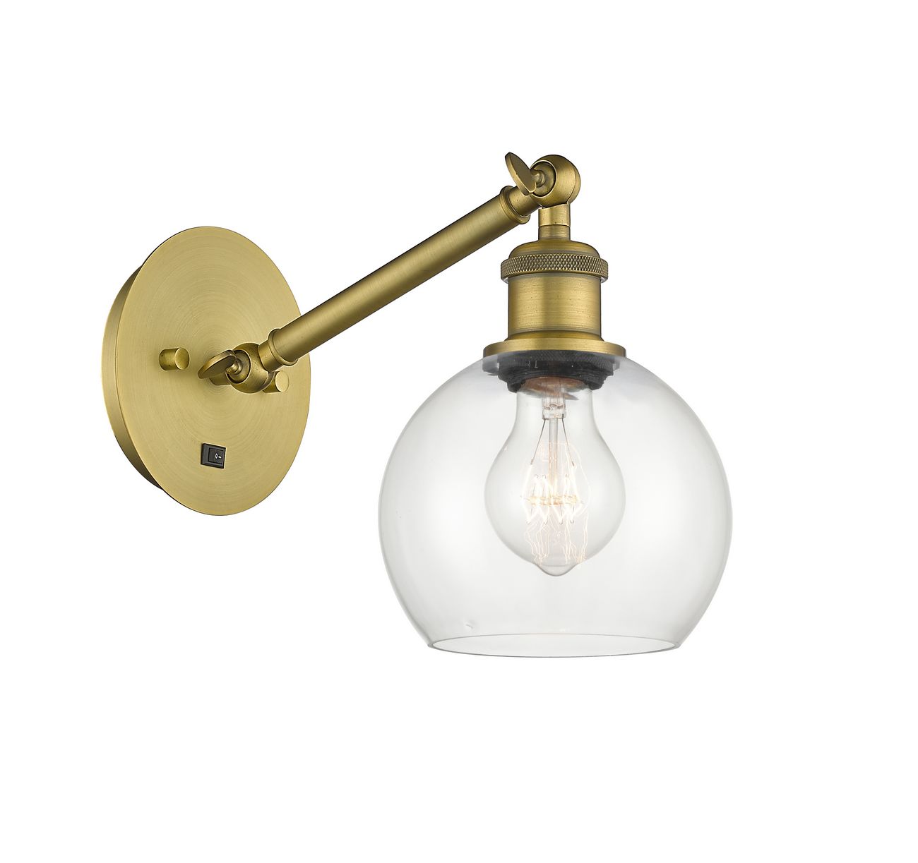 317-1W-BB-G122-6 1-Light 6" Brushed Brass Sconce - Clear Athens Glass - LED Bulb - Dimmensions: 6 x 13 x 11.875 - Glass Up or Down: Yes