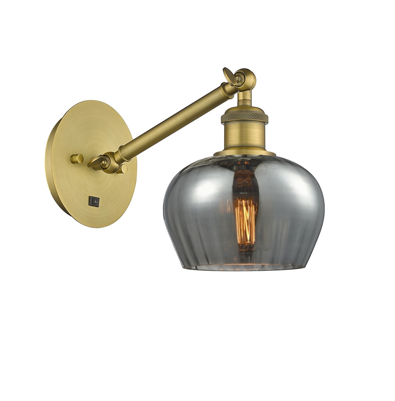 317-1W-BB-G93 1-Light 6.5" Brushed Brass Sconce - Plated Smoke Fenton Glass - LED Bulb - Dimmensions: 6.5 x 13.25 x 11.25 - Glass Up or Down: Yes