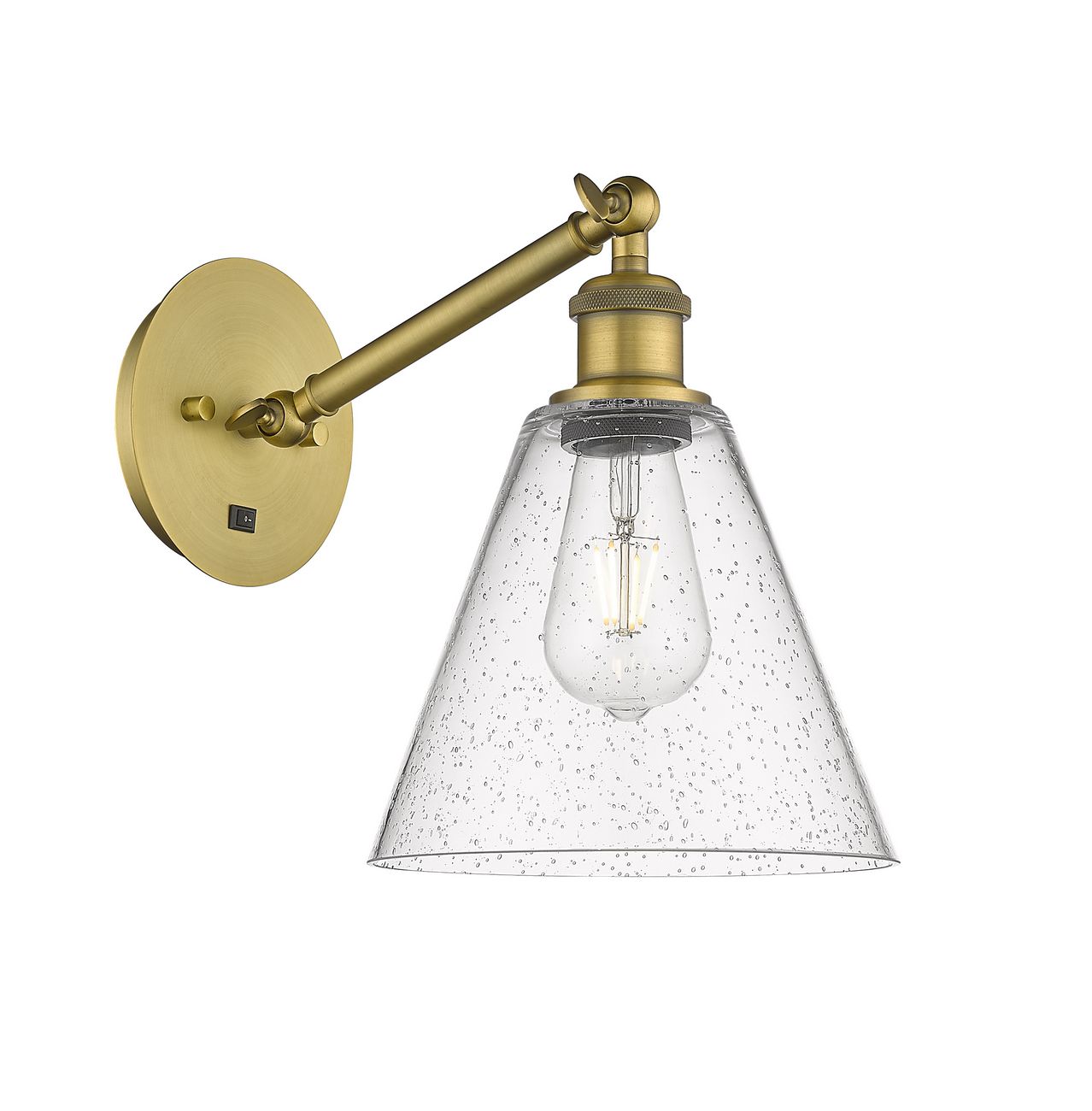 317-1W-BB-GBC-84 1-Light 8" Brushed Brass Sconce - Seedy Ballston Cone Glass - LED Bulb - Dimmensions: 8 x 14 x 13.75 - Glass Up or Down: Yes