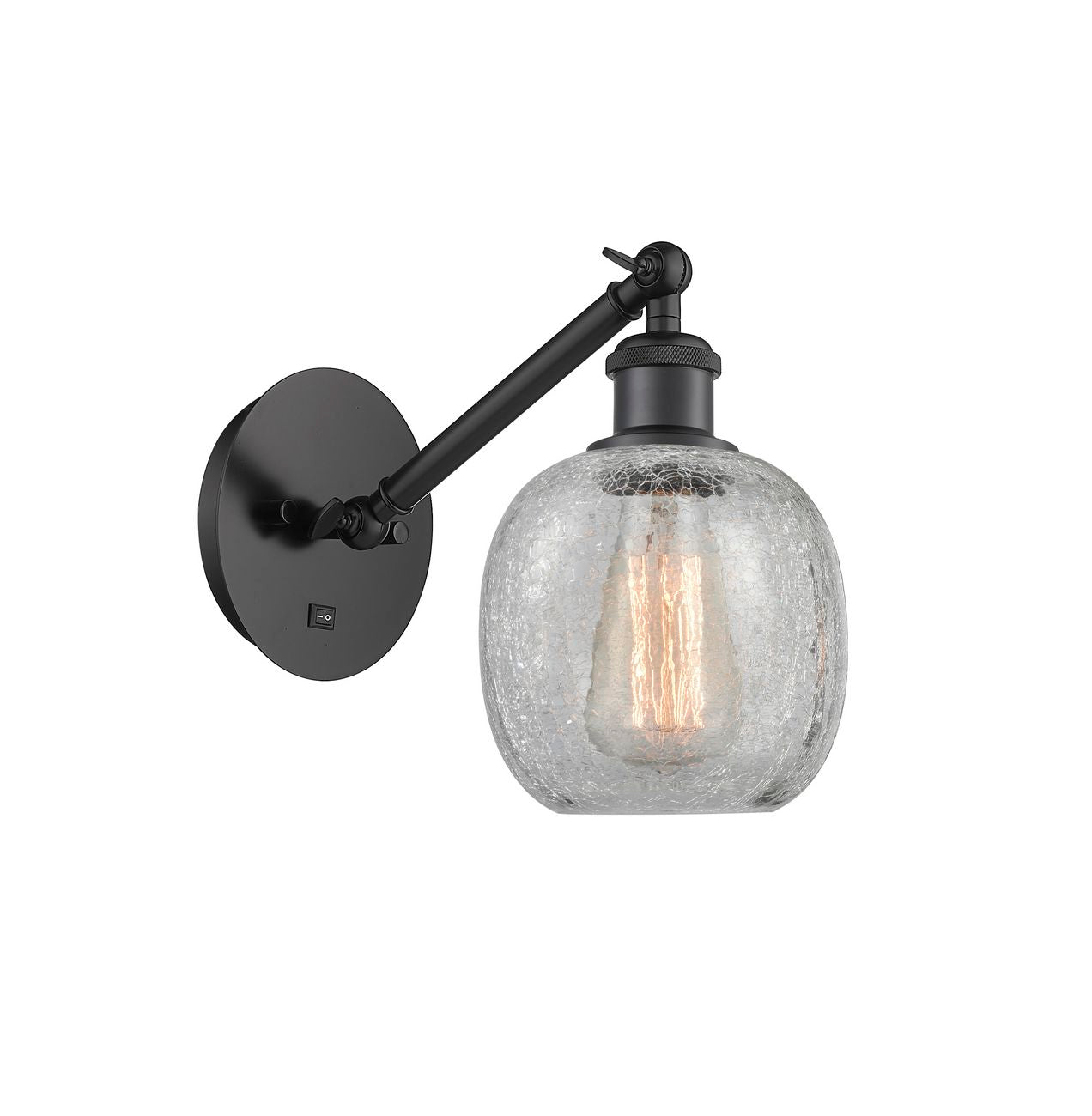 317-1W-BK-G105 1-Light 6" Matte Black Sconce - Clear Crackle Belfast Glass - LED Bulb - Dimmensions: 6 x 13 x 12.75 - Glass Up or Down: Yes