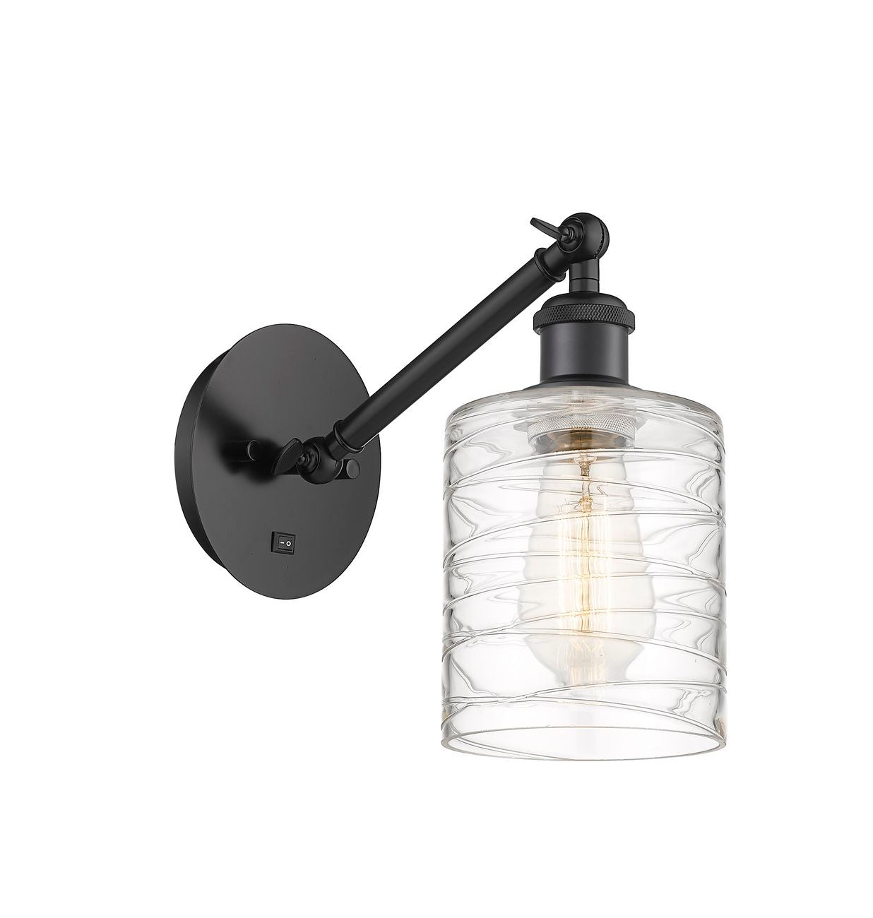 317-1W-BK-G1113 1-Light 5.3" Matte Black Sconce - Deco Swirl Cobbleskill Glass - LED Bulb - Dimmensions: 5.3 x 12.5 x 12.75 - Glass Up or Down: Yes