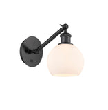 317-1W-BK-G121-6 1-Light 6" Matte Black Sconce - Cased Matte White Athens Glass - LED Bulb - Dimmensions: 6 x 13 x 11.875 - Glass Up or Down: Yes