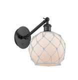 317-1W-BK-G121-8RW 1-Light 8" Matte Black Sconce - White Farmhouse Glass with White Rope Glass - LED Bulb - Dimmensions: 8 x 14 x 13.75 - Glass Up or Down: Yes