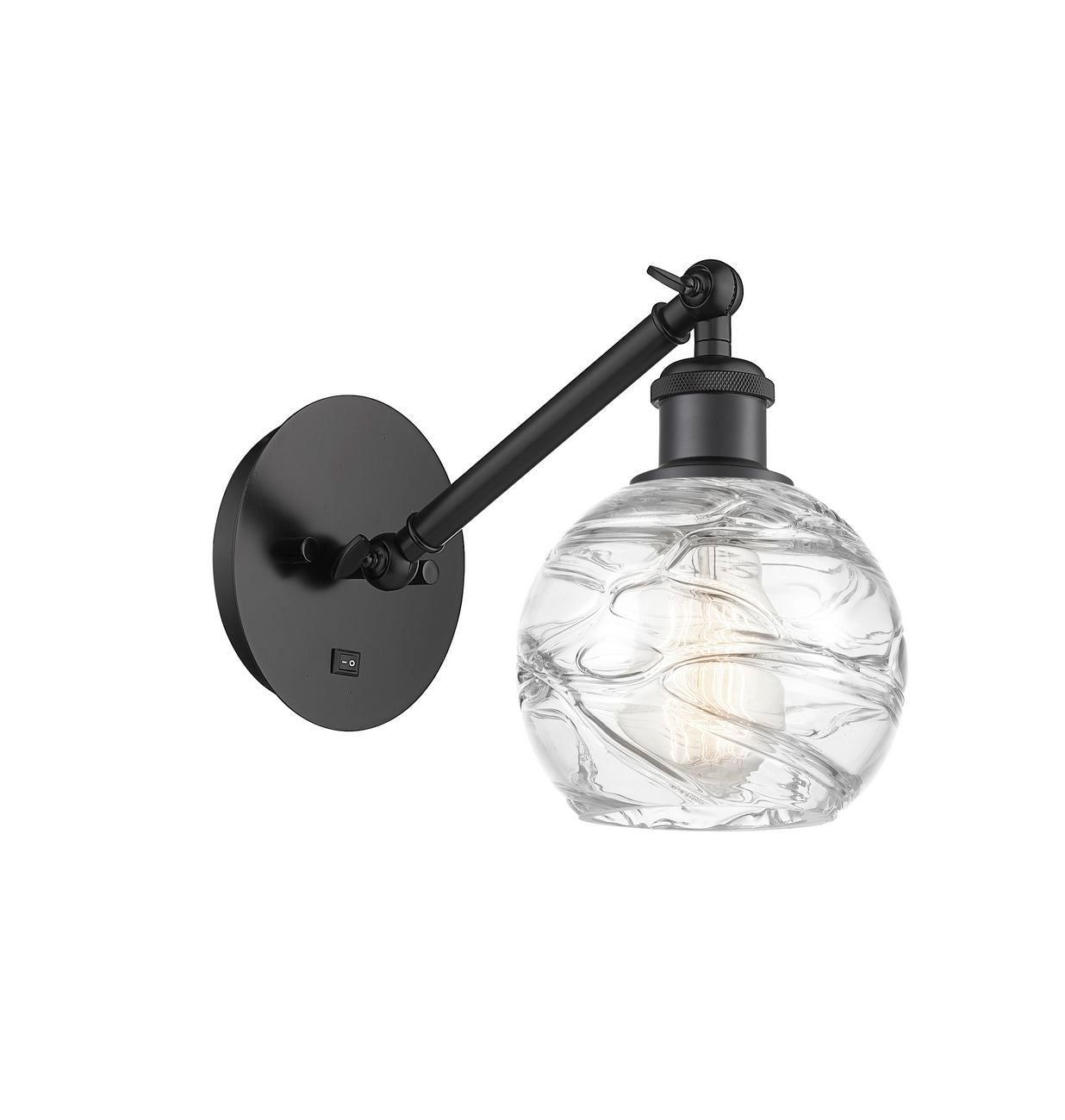 317-1W-BK-G1213-6 1-Light 6" Matte Black Sconce - Clear Athens Deco Swirl 8" Glass - LED Bulb - Dimmensions: 6 x 13 x 11.75 - Glass Up or Down: Yes