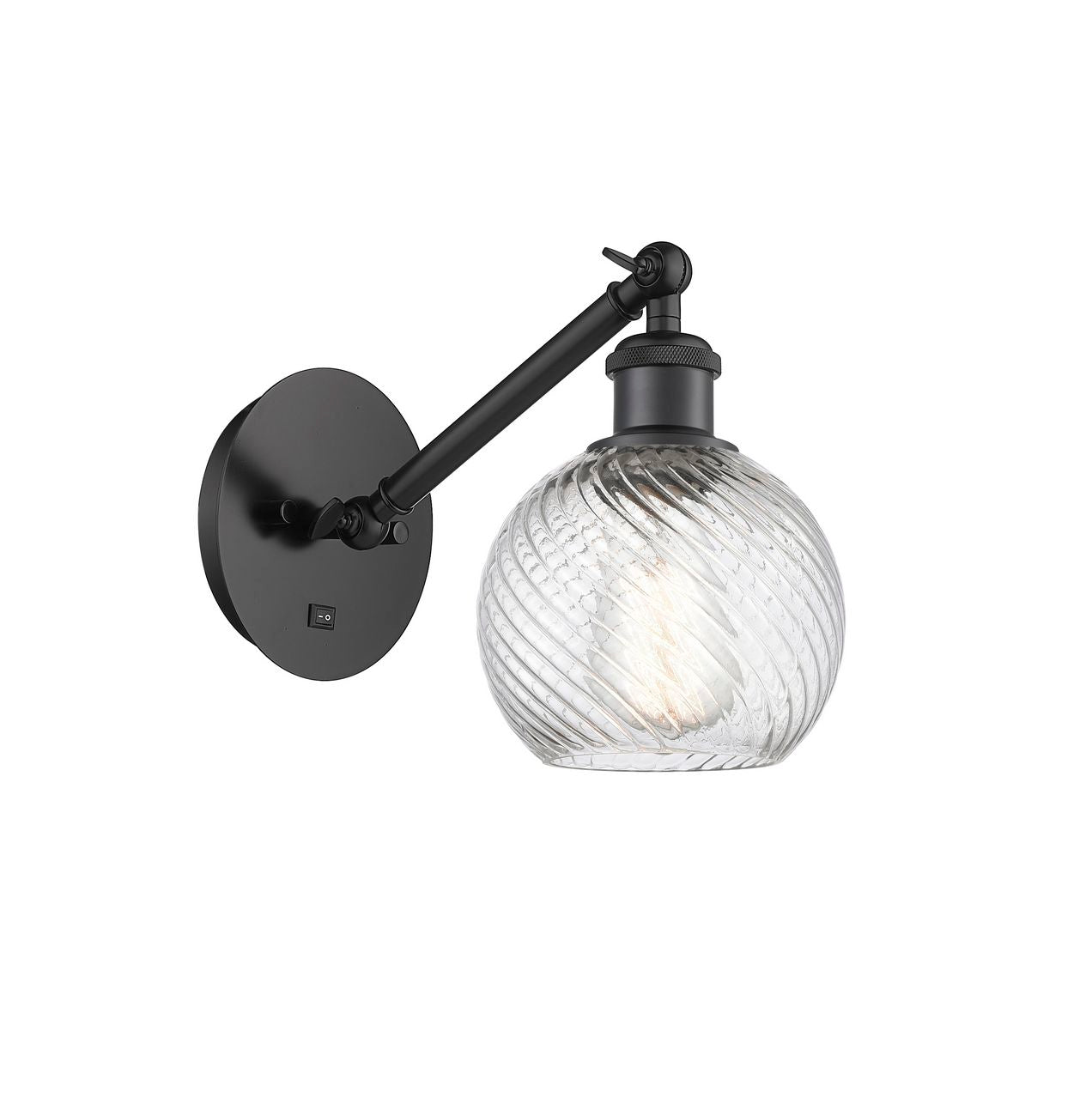 317-1W-BK-G1214-6 1-Light 6" Matte Black Sconce - Clear Athens Twisted Swirl 6" Glass - LED Bulb - Dimmensions: 6 x 13 x 11.75 - Glass Up or Down: Yes