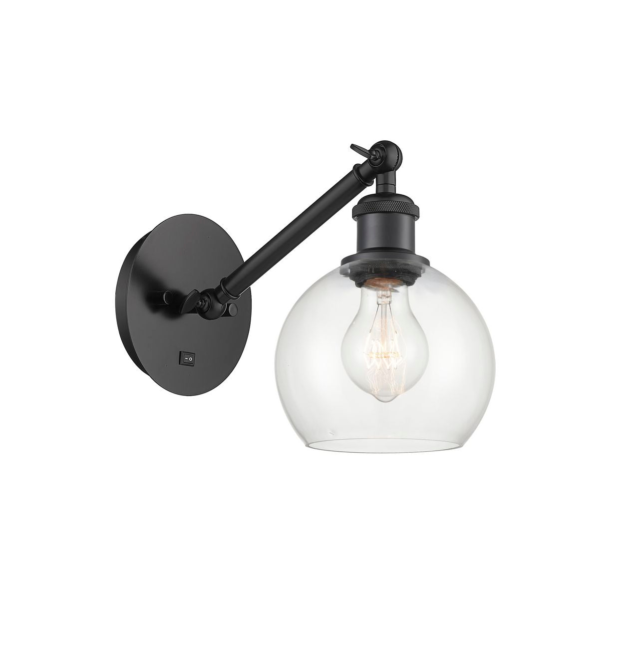 317-1W-BK-G122-6 1-Light 6" Matte Black Sconce - Clear Athens Glass - LED Bulb - Dimmensions: 6 x 13 x 11.875 - Glass Up or Down: Yes