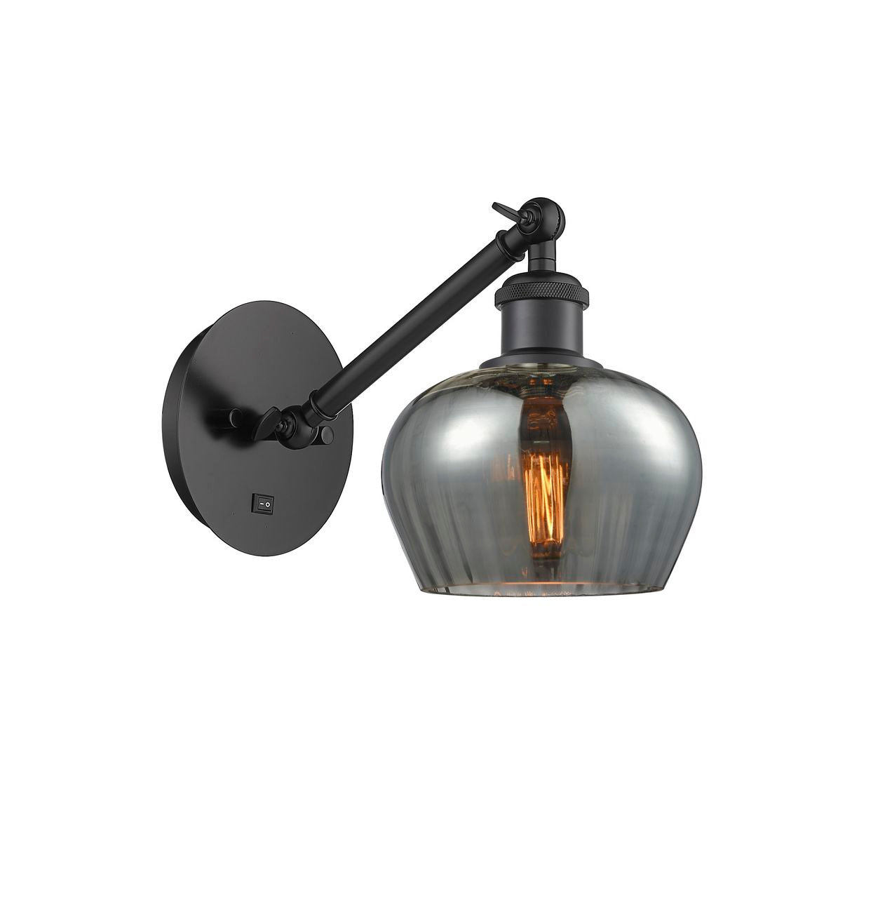317-1W-BK-G93 1-Light 6.5" Matte Black Sconce - Plated Smoke Fenton Glass - LED Bulb - Dimmensions: 6.5 x 13.25 x 11.25 - Glass Up or Down: Yes