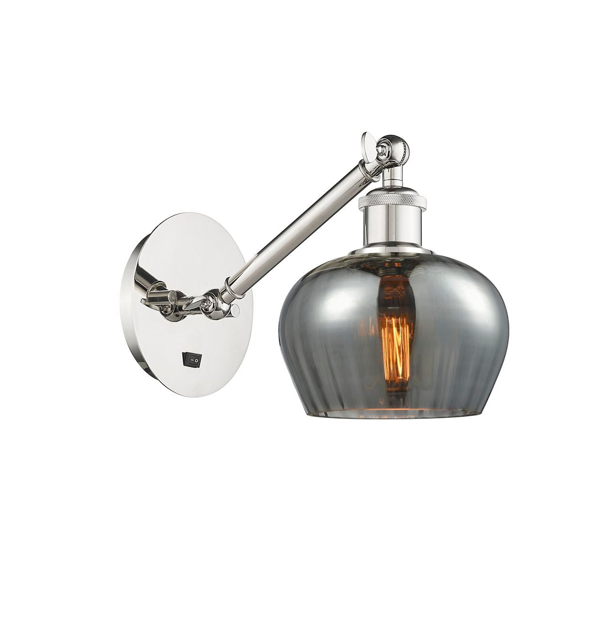 317-1W-PN-G93 1-Light 6.5" Polished Nickel Sconce - Plated Smoke Fenton Glass - LED Bulb - Dimmensions: 6.5 x 13.25 x 11.25 - Glass Up or Down: Yes