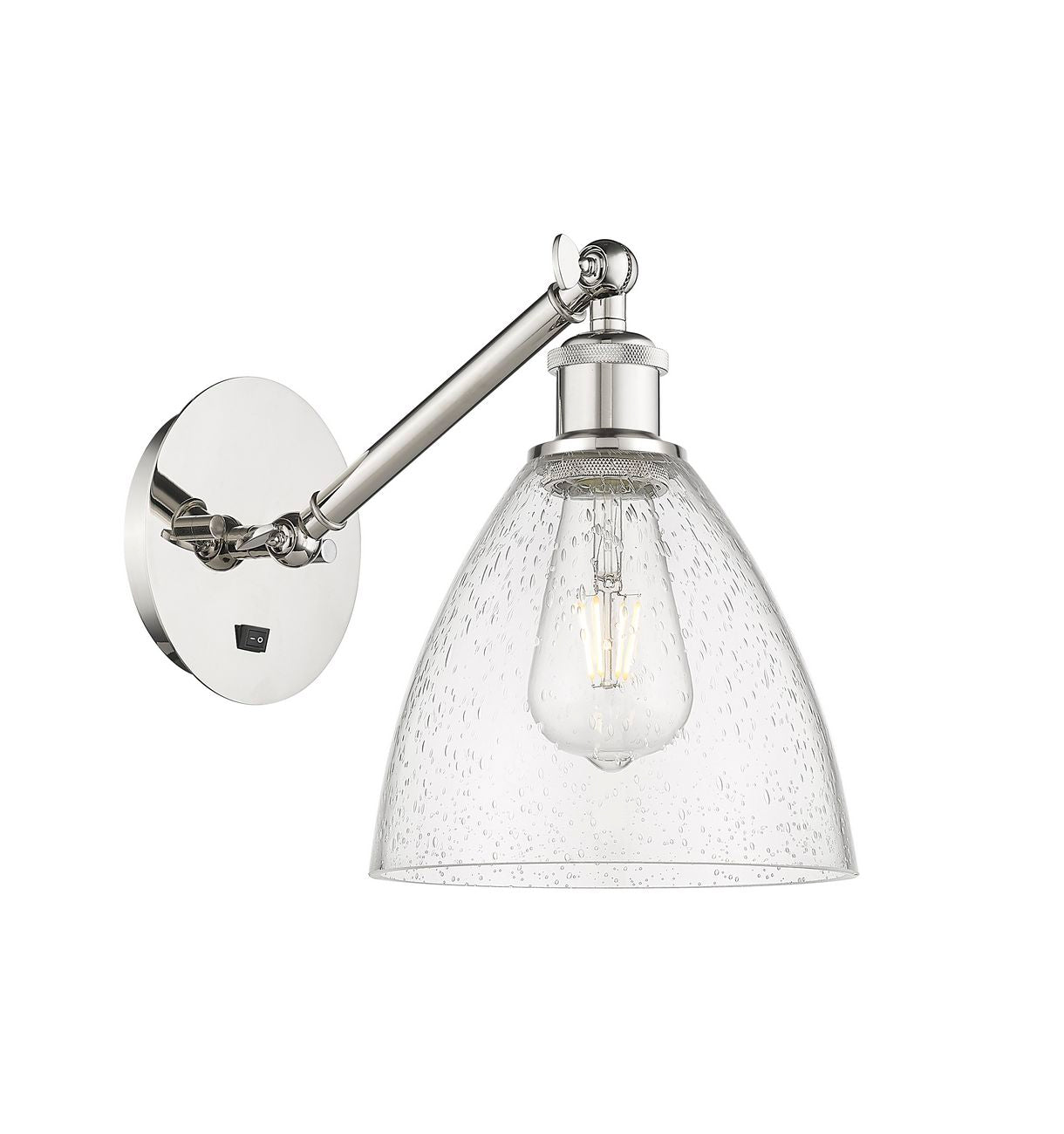 317-1W-PN-GBD-754 1-Light 8" Polished Nickel Sconce - Seedy Ballston Dome Glass - LED Bulb - Dimmensions: 8 x 13.75 x 13.25 - Glass Up or Down: Yes