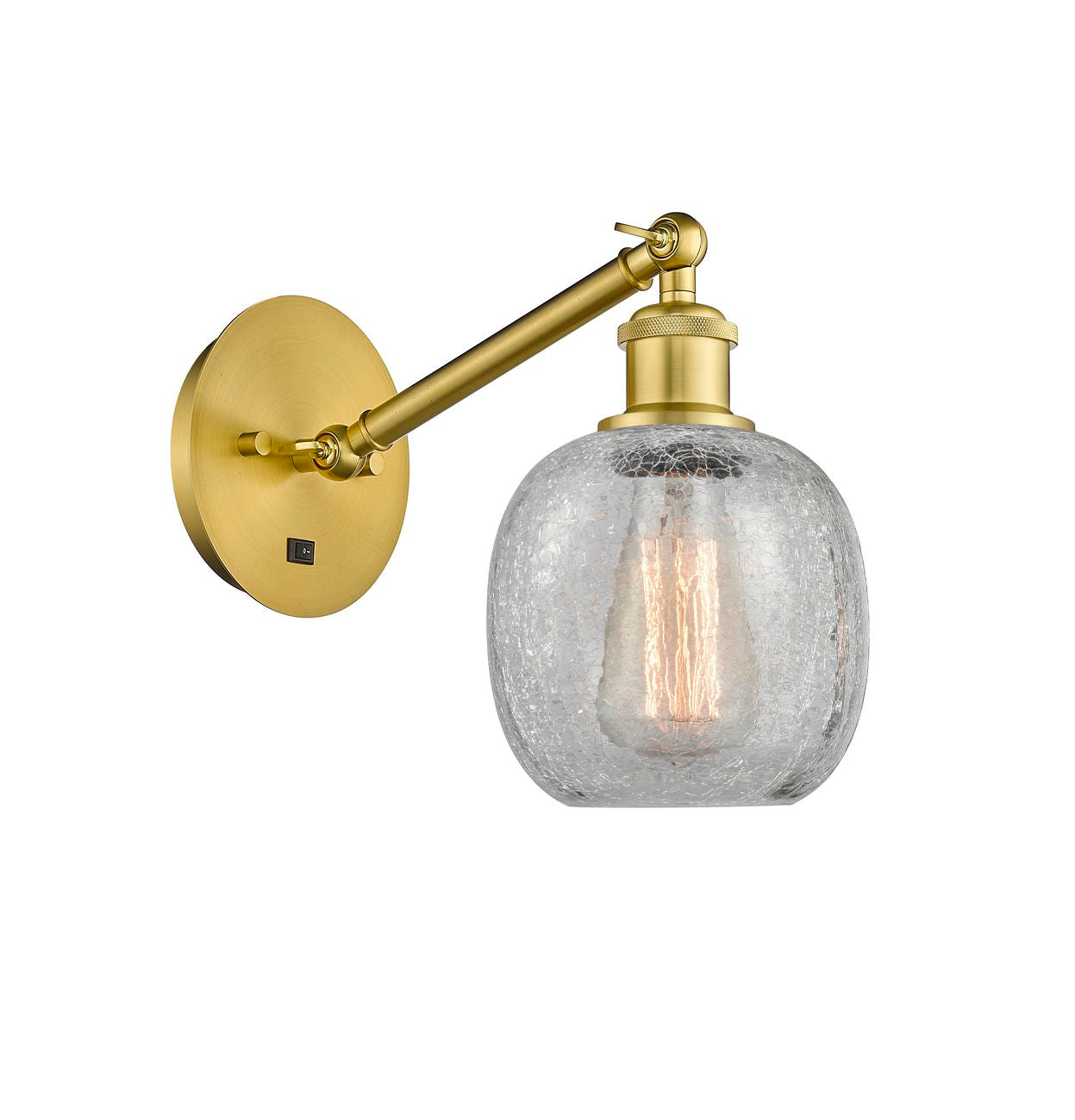 317-1W-SG-G105 1-Light 6" Satin Gold Sconce - Clear Crackle Belfast Glass - LED Bulb - Dimmensions: 6 x 13 x 12.75 - Glass Up or Down: Yes