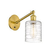 317-1W-SG-G1113 1-Light 5.3" Satin Gold Sconce - Deco Swirl Cobbleskill Glass - LED Bulb - Dimmensions: 5.3 x 12.5 x 12.75 - Glass Up or Down: Yes