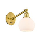 317-1W-SG-G121-6 1-Light 6" Satin Gold Sconce - Cased Matte White Athens Glass - LED Bulb - Dimmensions: 6 x 13 x 11.875 - Glass Up or Down: Yes