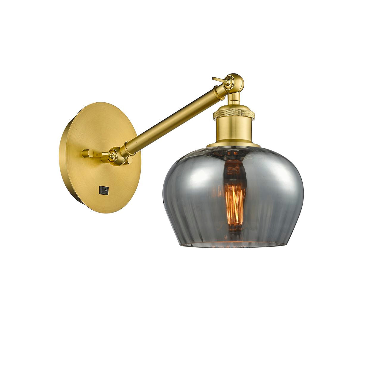 317-1W-SG-G93 1-Light 6.5" Satin Gold Sconce - Plated Smoke Fenton Glass - LED Bulb - Dimmensions: 6.5 x 13.25 x 11.25 - Glass Up or Down: Yes