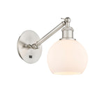 317-1W-SN-G121-6 1-Light 6" Brushed Satin Nickel Sconce - Cased Matte White Athens Glass - LED Bulb - Dimmensions: 6 x 13 x 11.875 - Glass Up or Down: Yes