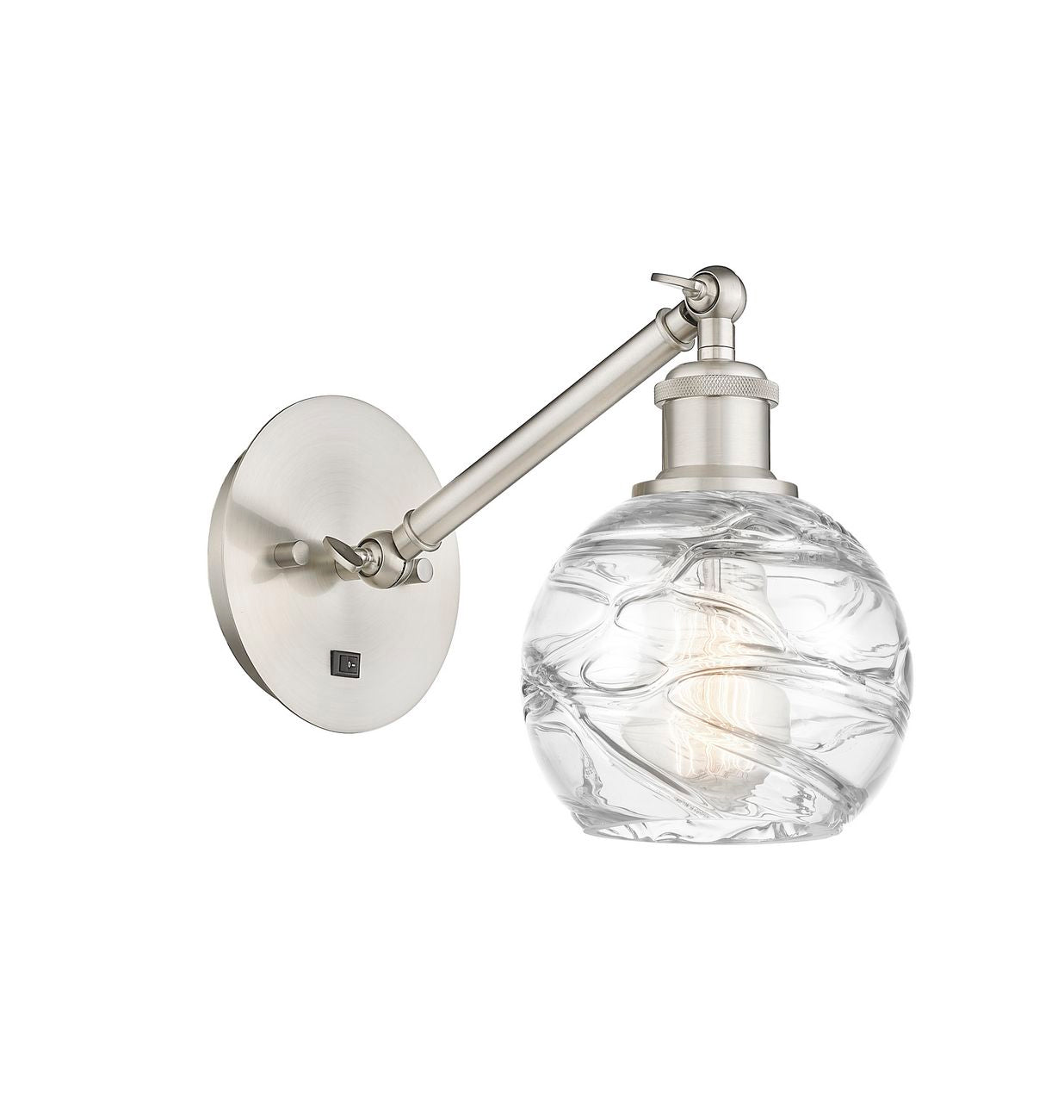 317-1W-SN-G1213-6 1-Light 6" Brushed Satin Nickel Sconce - Clear Athens Deco Swirl 8" Glass - LED Bulb - Dimmensions: 6 x 13 x 11.75 - Glass Up or Down: Yes