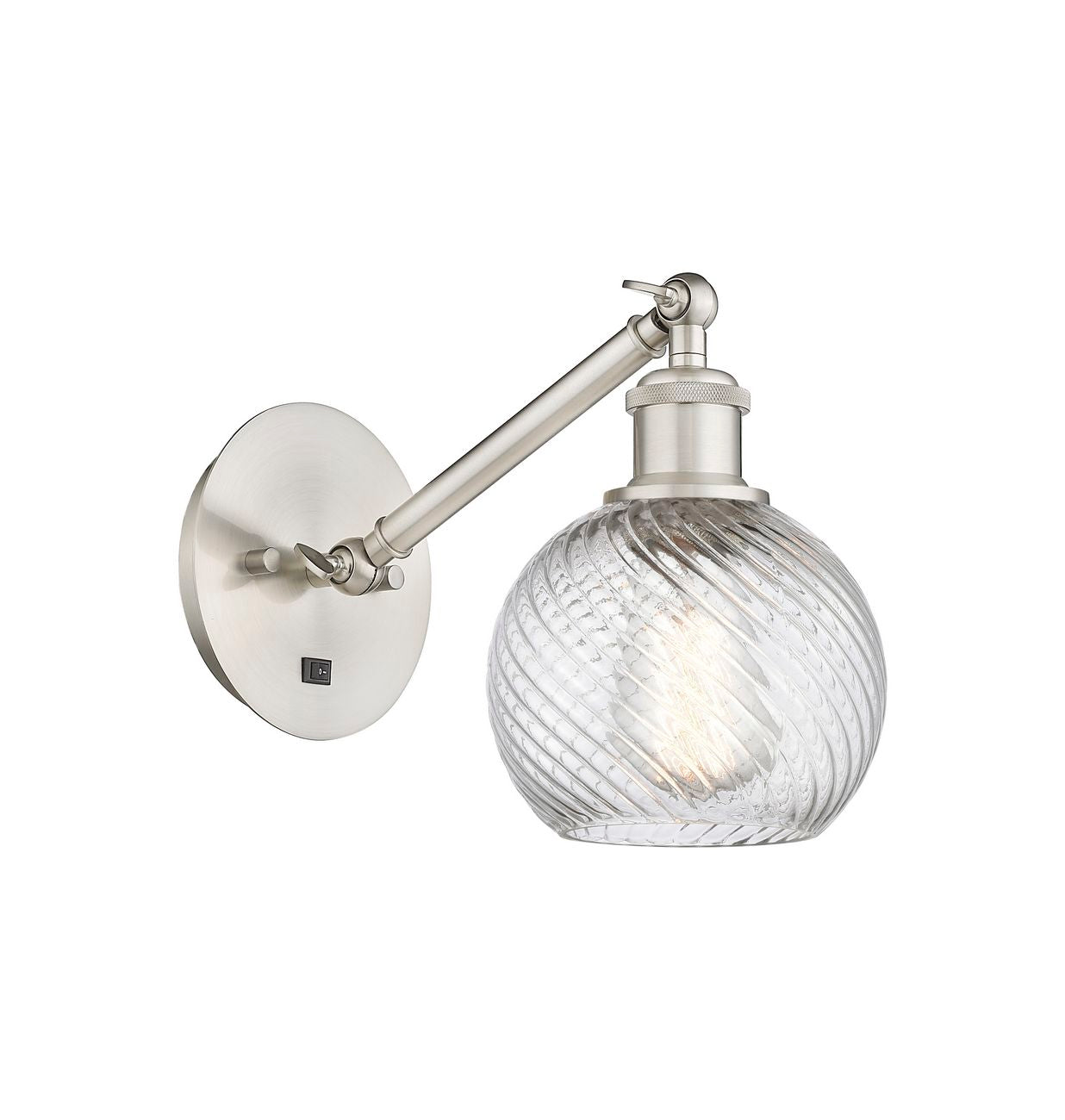 317-1W-SN-G1214-6 1-Light 6" Brushed Satin Nickel Sconce - Clear Athens Twisted Swirl 6" Glass - LED Bulb - Dimmensions: 6 x 13 x 11.75 - Glass Up or Down: Yes