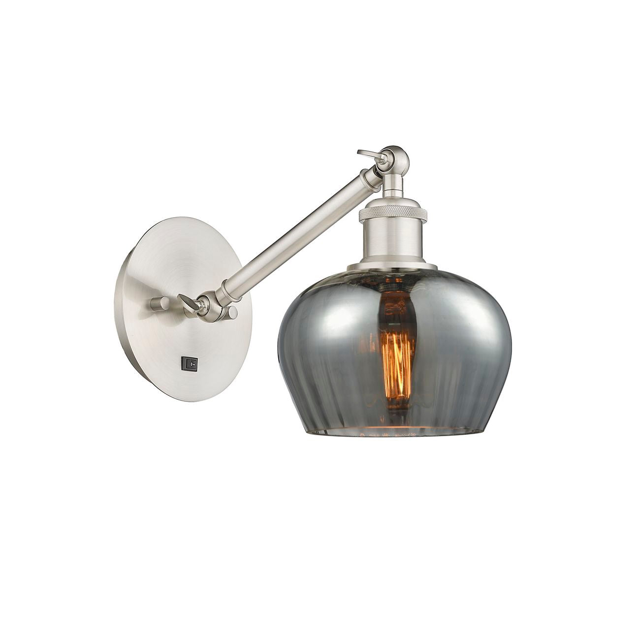317-1W-SN-G93 1-Light 6.5" Brushed Satin Nickel Sconce - Plated Smoke Fenton Glass - LED Bulb - Dimmensions: 6.5 x 13.25 x 11.25 - Glass Up or Down: Yes
