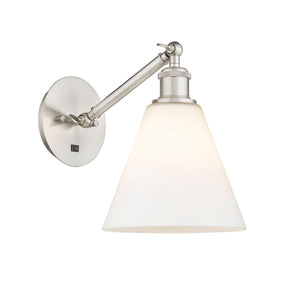 317-1W-SN-GBC-81 1-Light 8" Brushed Satin Nickel Sconce - Matte White Cased Ballston Cone Glass - LED Bulb - Dimmensions: 8 x 14 x 13.75 - Glass Up or Down: Yes