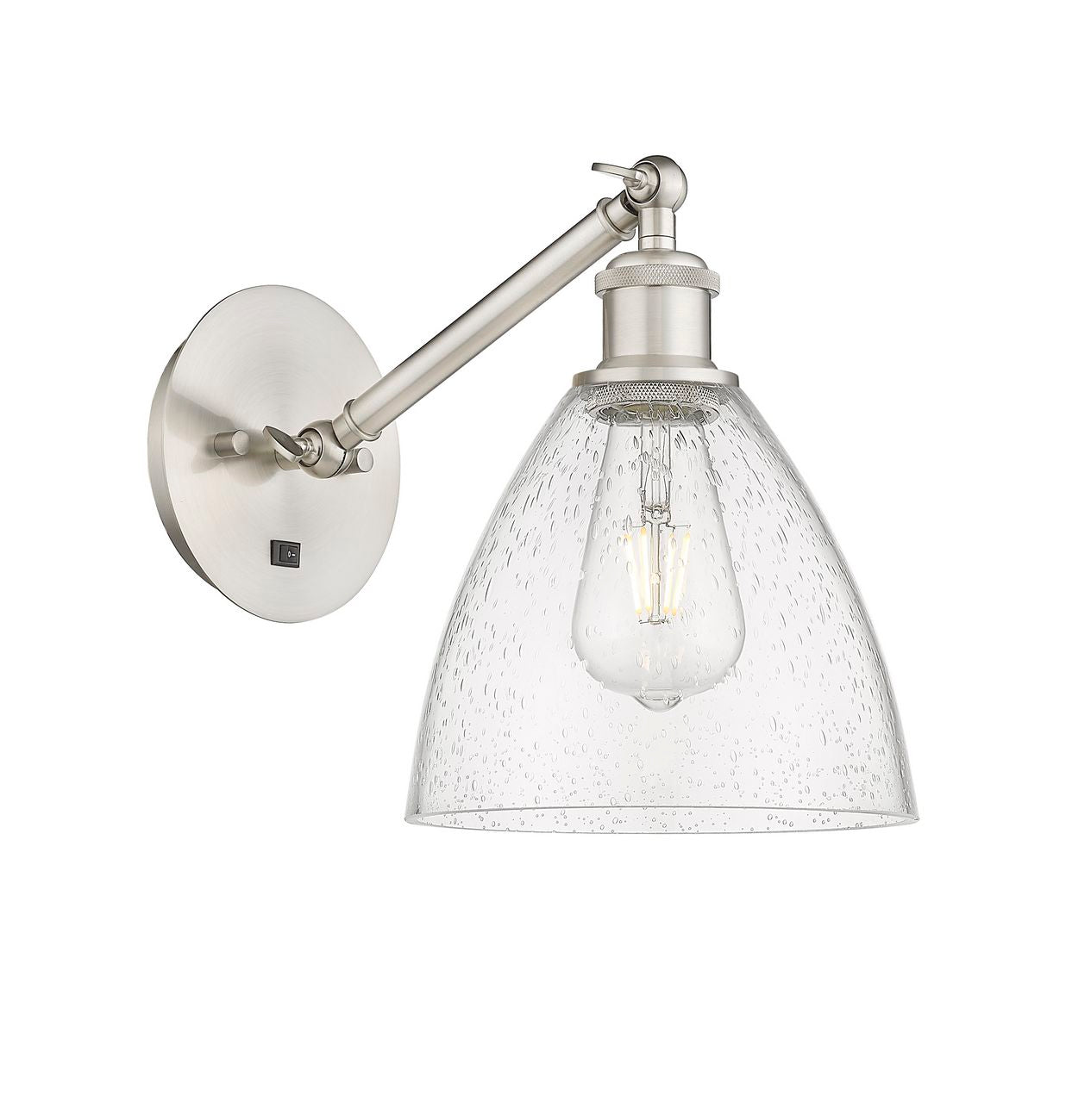 317-1W-SN-GBD-754 1-Light 8" Brushed Satin Nickel Sconce - Seedy Ballston Dome Glass - LED Bulb - Dimmensions: 8 x 13.75 x 13.25 - Glass Up or Down: Yes