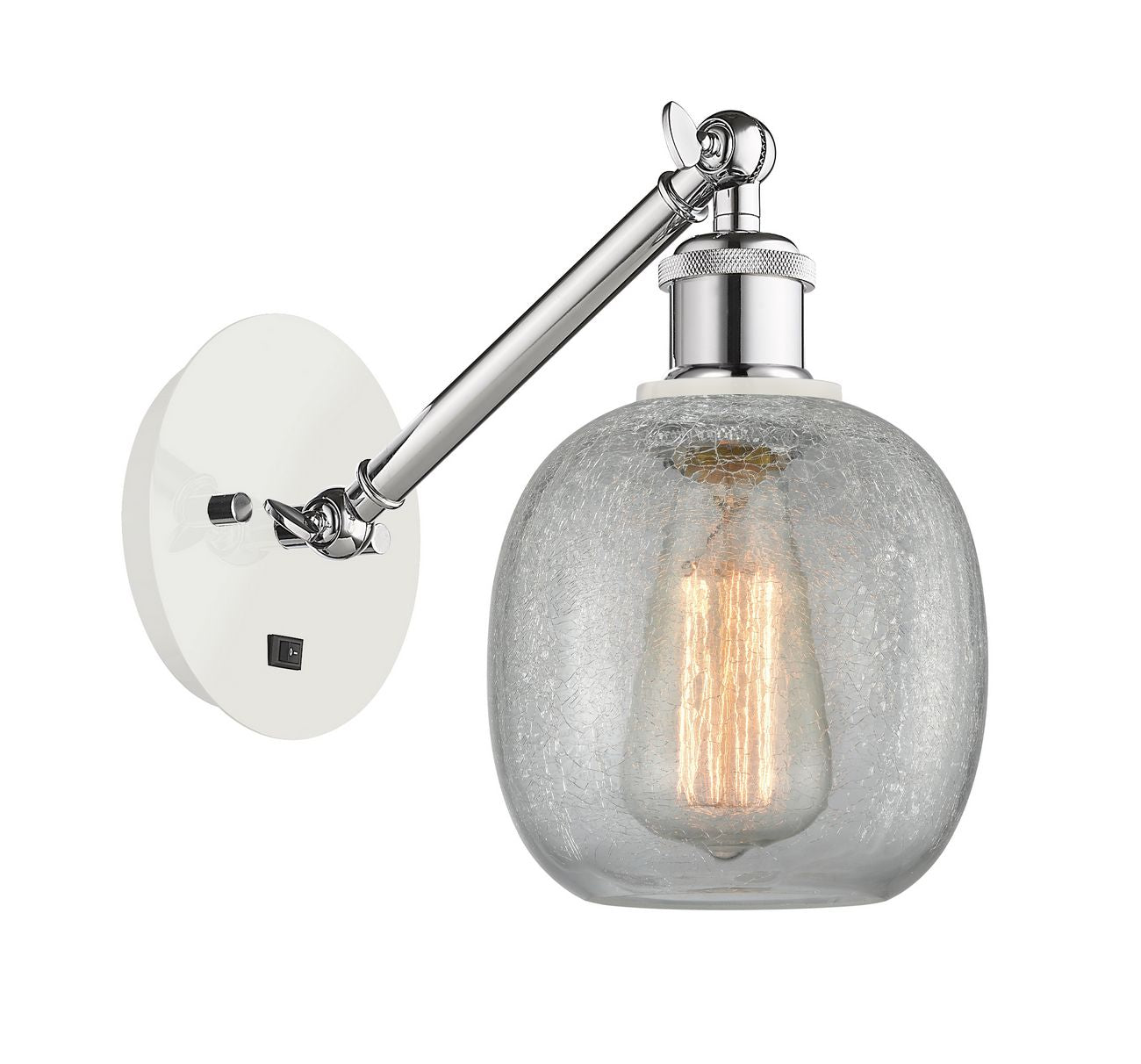 317-1W-WPC-G105 1-Light 6" White and Polished Chrome Sconce - Clear Crackle Belfast Glass - LED Bulb - Dimmensions: 6 x 13 x 12.75 - Glass Up or Down: Yes