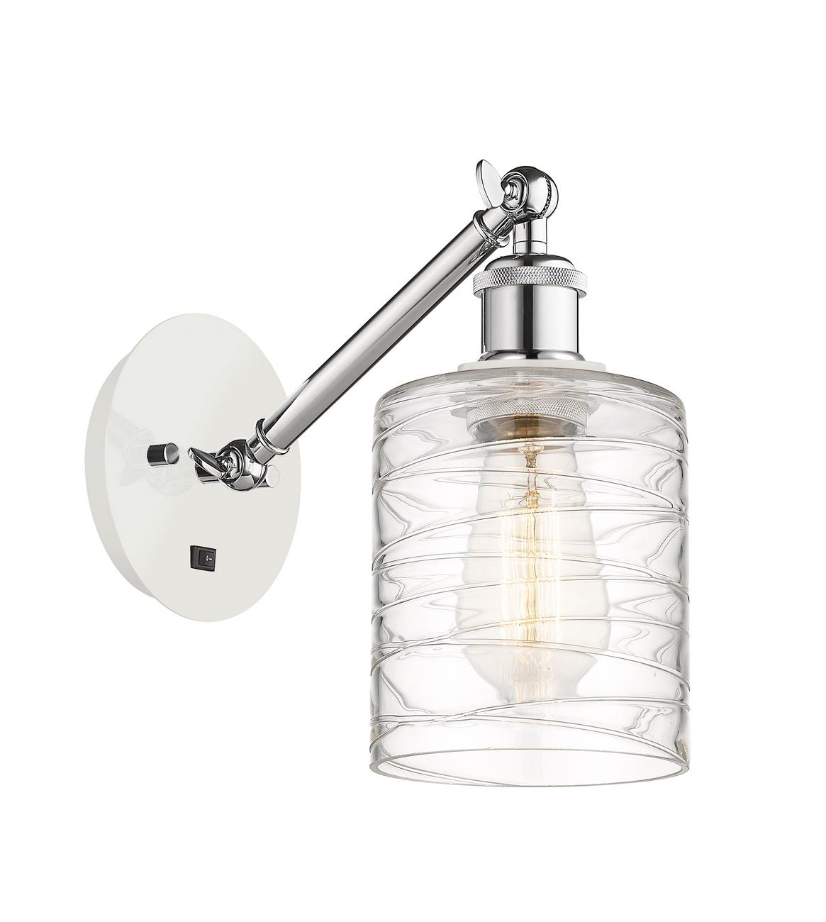 317-1W-WPC-G1113 1-Light 5.3" White and Polished Chrome Sconce - Deco Swirl Cobbleskill Glass - LED Bulb - Dimmensions: 5.3 x 12.5 x 12.75 - Glass Up or Down: Yes