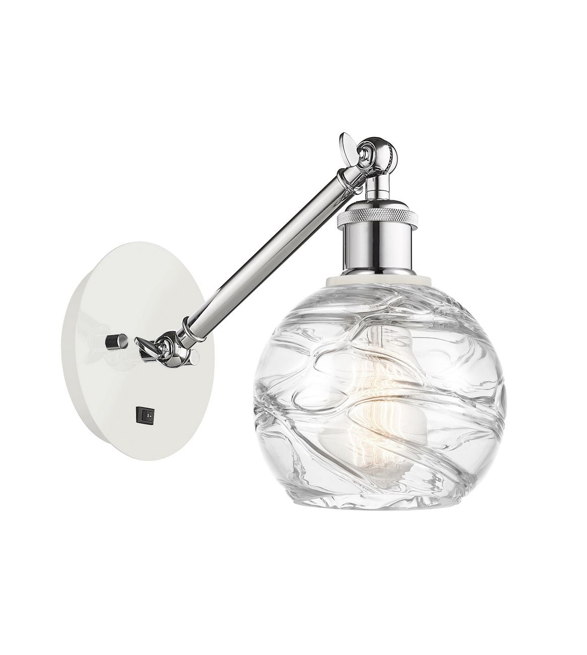 317-1W-WPC-G1213-6 1-Light 6" White and Polished Chrome Sconce - Clear Athens Deco Swirl 8" Glass - LED Bulb - Dimmensions: 6 x 13 x 11.75 - Glass Up or Down: Yes