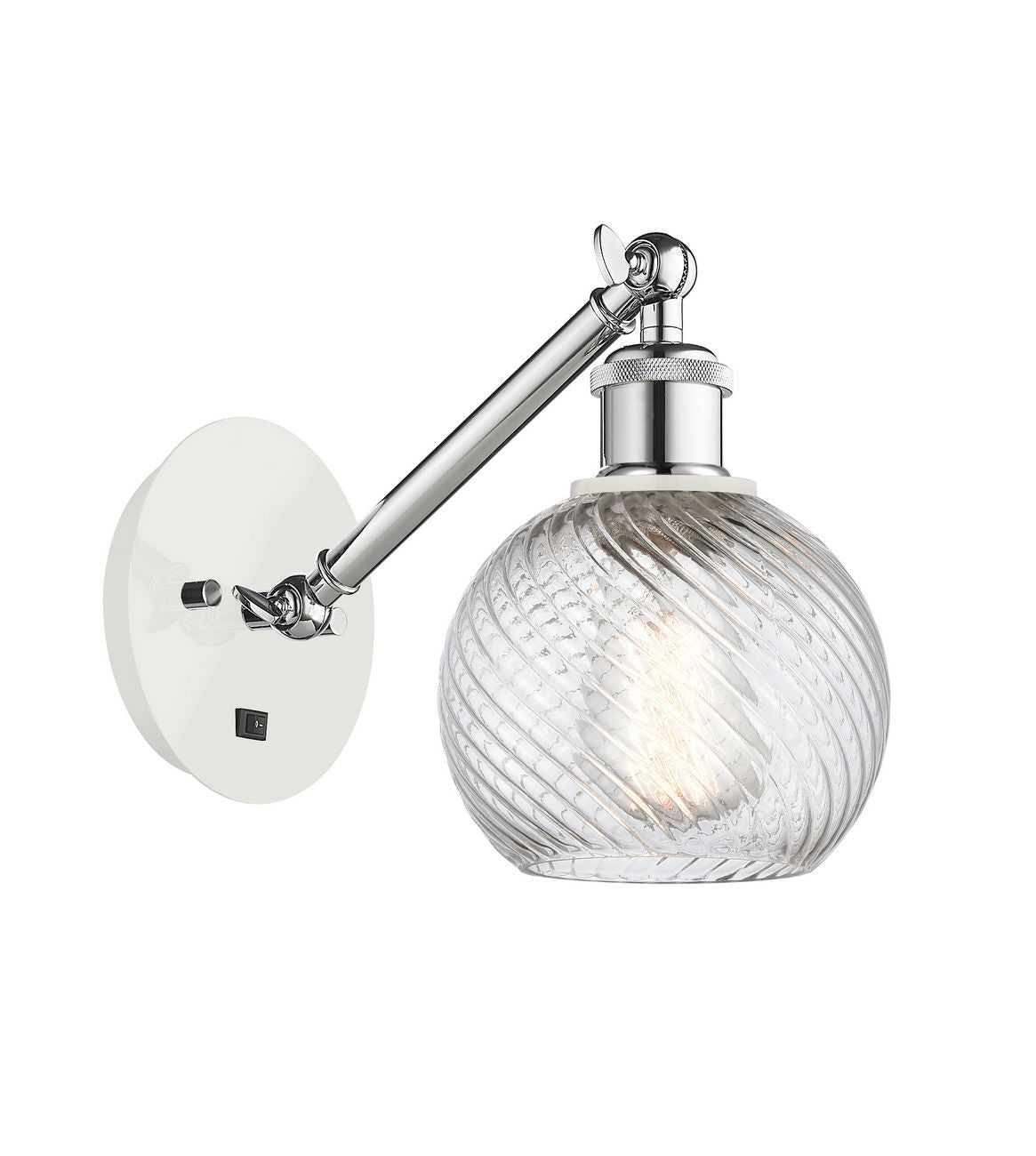 317-1W-WPC-G1214-6 1-Light 6" White and Polished Chrome Sconce - Clear Athens Twisted Swirl 6" Glass - LED Bulb - Dimmensions: 6 x 13 x 11.75 - Glass Up or Down: Yes