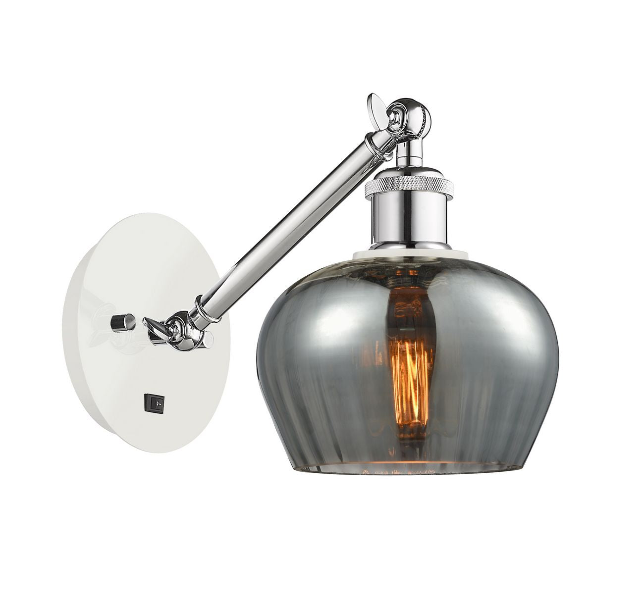 317-1W-WPC-G93 1-Light 6.5" White and Polished Chrome Sconce - Plated Smoke Fenton Glass - LED Bulb - Dimmensions: 6.5 x 13.25 x 11.25 - Glass Up or Down: Yes