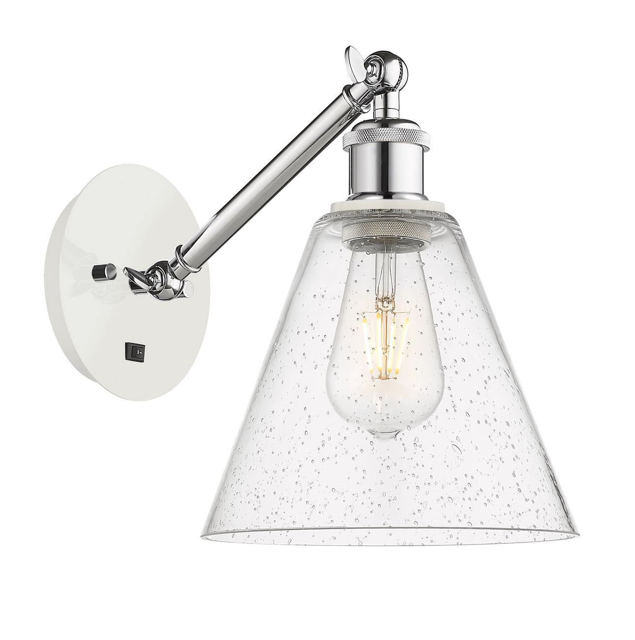317-1W-WPC-GBC-84 1-Light 8" White and Polished Chrome Sconce - Seedy Ballston Cone Glass - LED Bulb - Dimmensions: 8 x 14 x 13.75 - Glass Up or Down: Yes