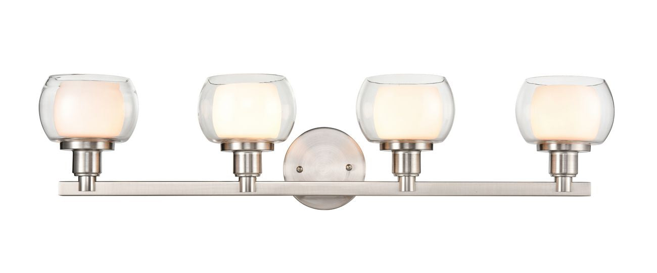330-4W-SN-CLW 4-Light 30.75" Satin Nickel Bath Vanity Light - White Inner & Clear Outer Cairo Glass Glass - LED Bulb - Dimmensions: 30.75 x 6.75 x 7.1 - Glass Up or Down: Yes
