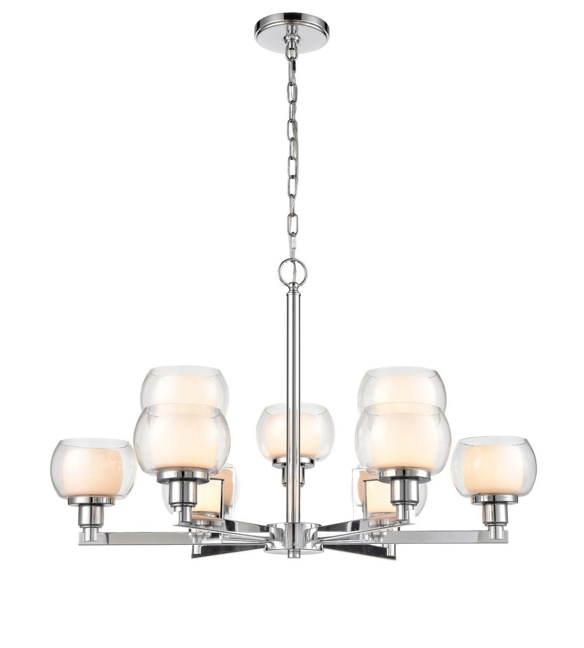 330-9CR-PC-CLW 9-Light 30" Polished Chrome Chandelier - White Inner & Clear Outer Cairo Glass Glass - LED Bulb - Dimmensions: 30 x 30 x 15<br>Minimum Height : 19<br>Maximum Height : 67 - Sloped Ceiling Compatible: Yes - Glass Up or Down: No