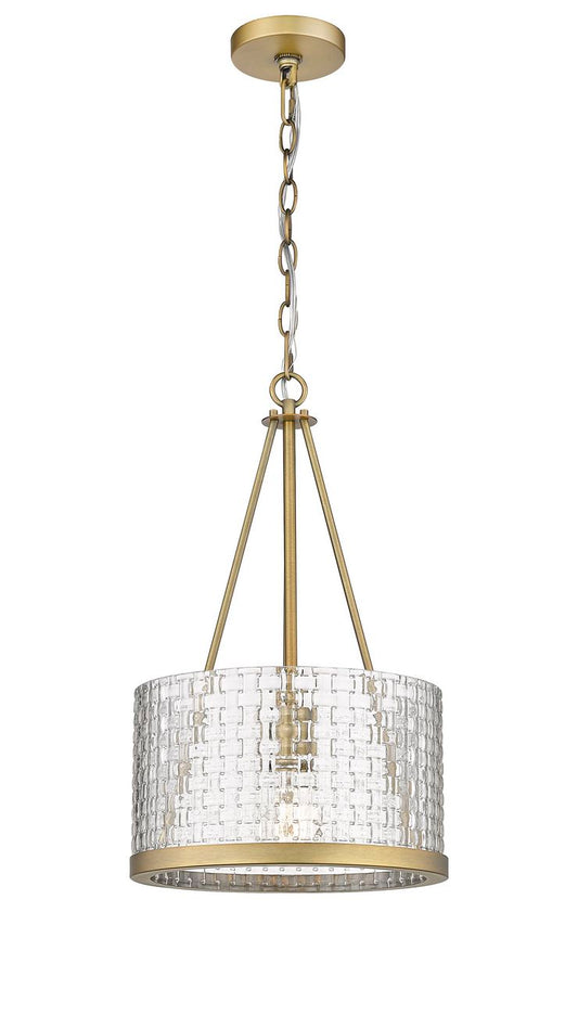 383-1S-BB-G383C-12CL Cord Hung 12" Brushed Brass Mini Pendant - Clear Basket Weave Marissa Glass - LED Bulb - Dimmensions: 12 x 12 x 20<br>Minimum Height : 25<br>Maximum Height : 68 - Sloped Ceiling Compatible: Yes