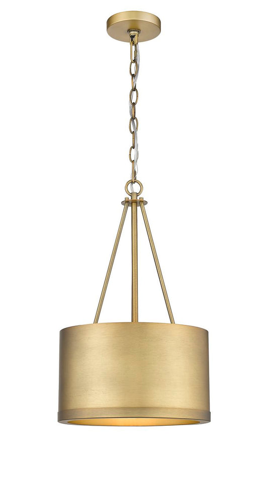 383-1S-BB-M383-12-BB Cord Hung 12" Brushed Brass Mini Pendant - 12 inch Brushed Brass Eclipse Shade - LED Bulb - Dimmensions: 12 x 12 x 20<br>Minimum Height : 25<br>Maximum Height : 68 - Sloped Ceiling Compatible: Yes